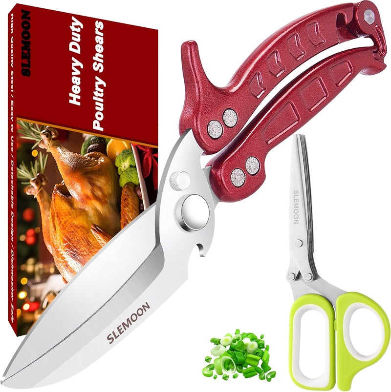 SLEMOON Heavy Duty Poultry Shears Kitchen for Chicken Meat,Multipurpose Kitchen Shears for Food,Herb Scissors with 5 Blades and Cleaning Comb, Cool Kitchen Gadgets Tools 2024 Green,2pcs set,burgundy - Image 1